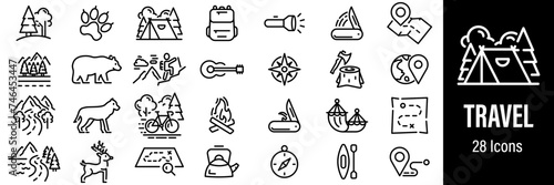 Travel Web Icons. Hiking Camping, Wild Nature, Hunting, Tent, Road Trip. Vector in Line Style Icons