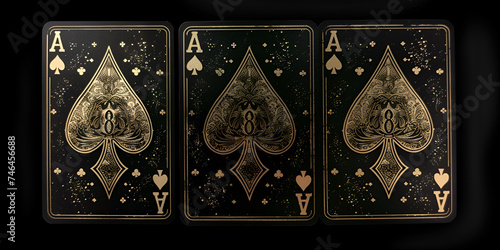 three playing card Featuring a Royal Flush Gold ornaments on black background A fan of playing cards consisting of four black and golden Ace of Spades Diamonds Clubs Hearts.