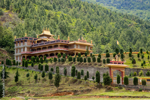 Beautiful tdl buddhist monastery architecture design at morning at dirang monastery arunachal pradesh india.