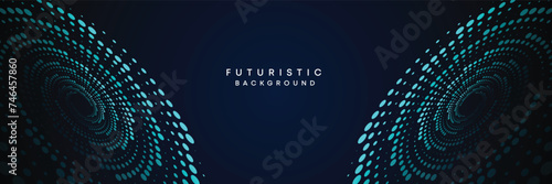 Dark blue digital technology banner gradient web background. Blue abstract waving lines and halftone circles frame glowing geometric diagonal pattern business background for brochure, cover, header