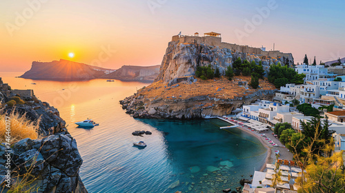 Cove with Acropolis located on a rock, Lindos city.