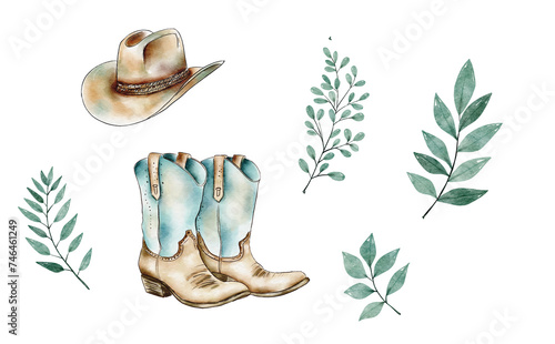 Watercolor cowboy boots and a hat. Painting isolated on white background.