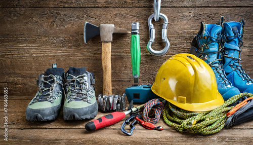 Climbing Gear: Helmet, Hammer, Carabiner, Trekking Shoes, and More Arranged on Wooden Background