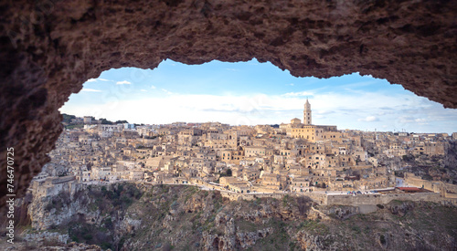 panoramic view of Matera sassi from a cave, Italy