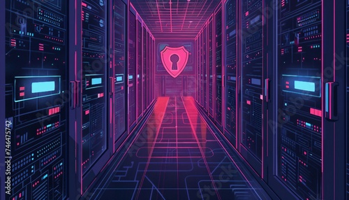 Protecting Digital Assets: Cybersecurity Solutions, cybersecurity measures with an image showing a shield or lock symbolizing protection over digital assets like data servers, 