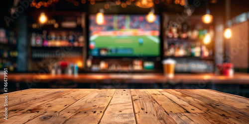 Empty wooden counter in sports bar or pub with blurred TV displays with sporting events at the bar background