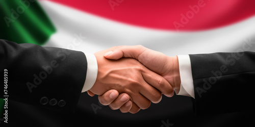Businessman and diplomat in suits clasp hands for handshake over Sudan flag, agree on united success in trade, diplomacy, cooperation, negotiation, support, teamwork in commerce, gesture of greeting