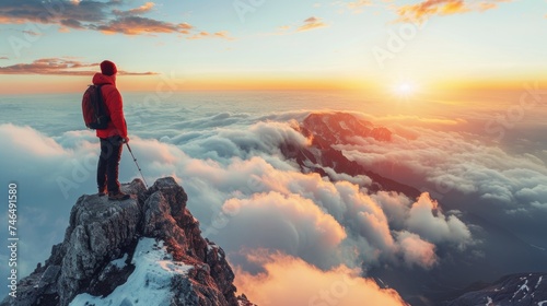 A man standing on top of a mountain looking out over the clouds, AI