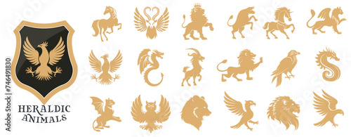 Heraldic animals set. Animals elements for heraldic symbols. Vector illustration.
