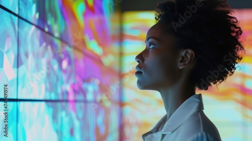 A woman in a white lab coat contemplating a colorful display