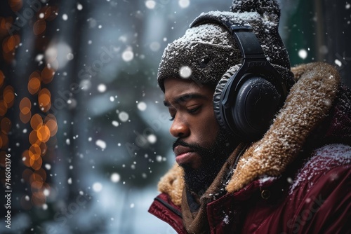 Young African American man in headphones looking down listening to sad, melancholic music in winter time outdoors, Generative AI