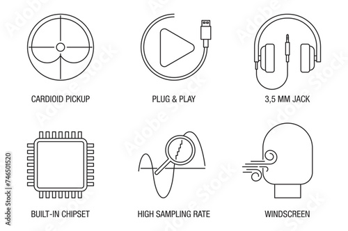 Microphone properties icons set, in thin line