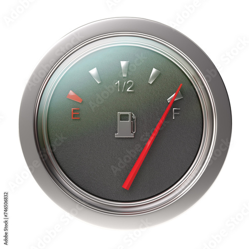 Fuel gauge with metallic frame. Full indication. 3d illustration isolated on white background.