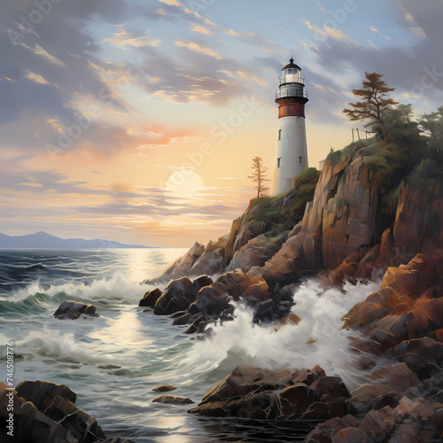 A tranquil seascape with a lighthouse on a rocky cliff