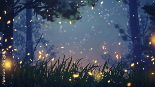 Mystical Anime Forest with Luminous Fireflies.