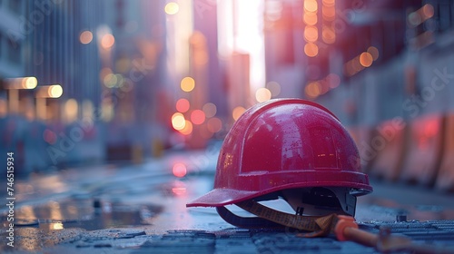 A red construction helmet lies on an urban street with the glow of city lights and sunset reflecting off the surface, symbolizing ongoing urban development.