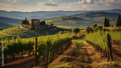 Golden tuscan vineyard landscape with grapevines, rolling hills, and olive groves in sunlight