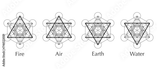 four elements icons, line, triangle and round symbols set template. Air, fire, water, earth symbol. Pictograph. Alchemy symbols isolated on white background. Magic vector decorative elements