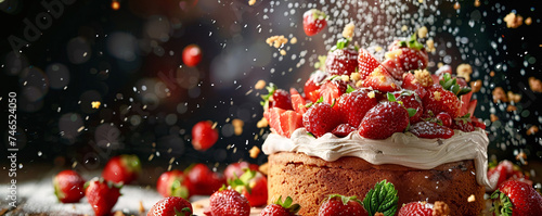 Strawberry Cake with Whipped Cream and Festive Garnish
