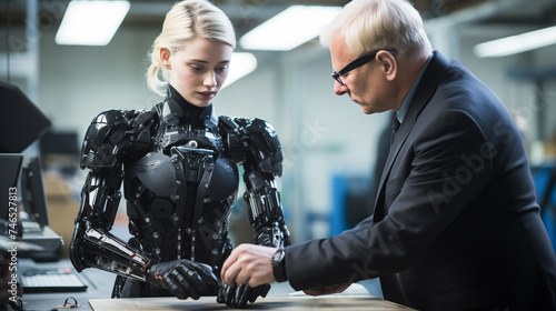Chief female engineer and top male scientist work on a bionics exoskeleton prototype. In robotics development laboratory. A man scientist with robotic standing in working 