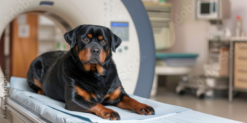 Generative AI, Dog on table at MRI, examination in veterinary surgery hospital, vet clinic, banner with copy space