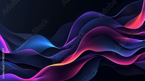 Generative AI image of a black background with a few neon colors waves, geometric waves shapes, dark blue, purple, black, mostly black