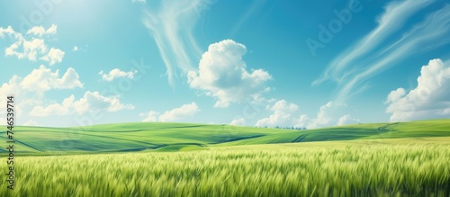The painting depicts a vibrant green field under a clear blue sky with fluffy white clouds. The grass is lush and the clouds are scattered across the sky.