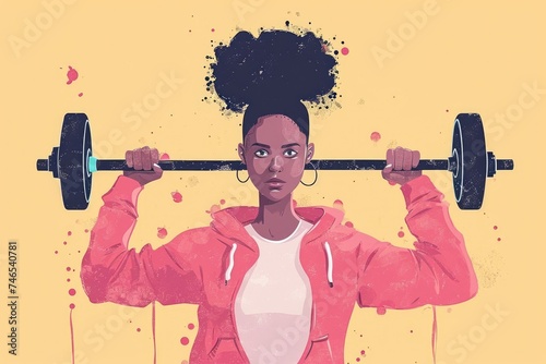 A woman with a ponytail holds a barbell with both hands over her head, showcasing her strength and determination. Fictional Character Created By Generated By Generated AI.