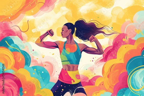 The title of the image is "Female Athlete Pumping Iron. Fictional Character Created By Generated By Generated AI.