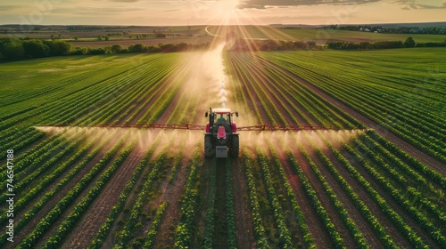 A tractor spraying pesticide fertilizer on a beautiful soybean farm in the spring sunset. Agriculture concept suitable for industry and production