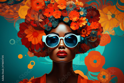 Modern pop art portrait of pretty woman in light blue sunglasses on colorful background. Contemporary drawing painting poster of stylish fashion people in vintage retro style