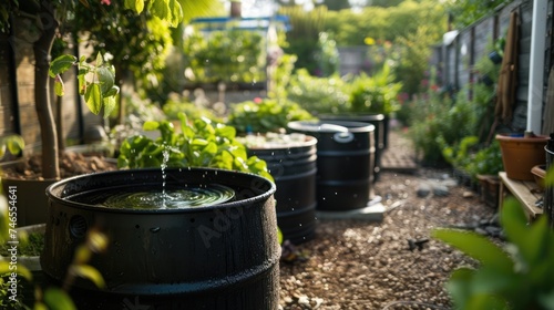 Generative AI, rainwater harvesting system in the garden with barrel, ecological reusing water concept 