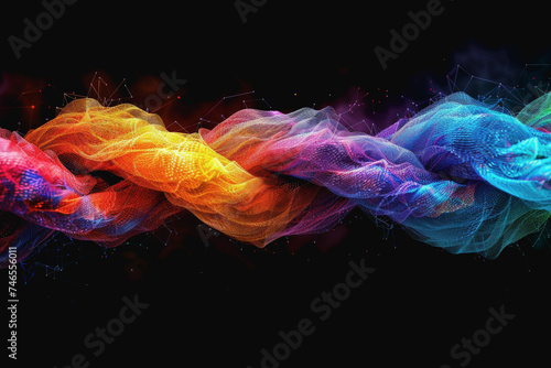 Abstract futuristic wave with colorful lines connecting dots. digital data communication background, cyber plexus design. Big data visualization.