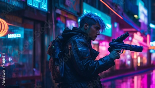 Man in Leather Jacket Holding Gun - Suspenseful Crime Scene With a Dangerous Atmosphere. Generative AI.
