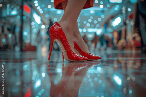 Woman wearing red high heels while shopping in boutique