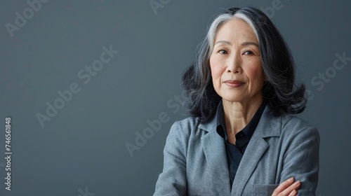 Stylish confident adult 50 years old Asian female psychologist standing arms crossed looking at camera at gray background.