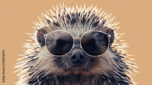A suave porcupine exudes coolness with chic circular sunglasses against a warm taupe backdrop.