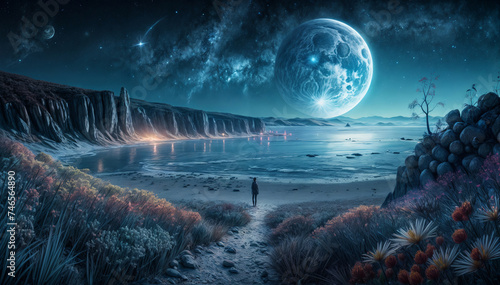 Fantasy landscape with man standing on the beach and looking at the moon