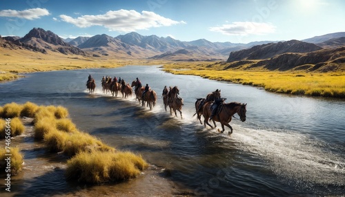 Horses with tourists crossing a river