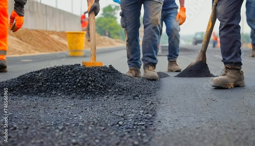 Road construction workers' teamwork, tarmac laying works at a road construction site, hot asphalt gravel leveled by workers, and road surface repair created with generative ai