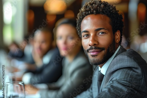 A handsome man with curly hair in business attire sits in a meeting with diverse colleagues, in focus