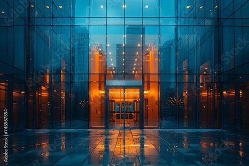 Contemporary architecture of a modern building passageway with glass walls and warm, glowing lights creating contrast