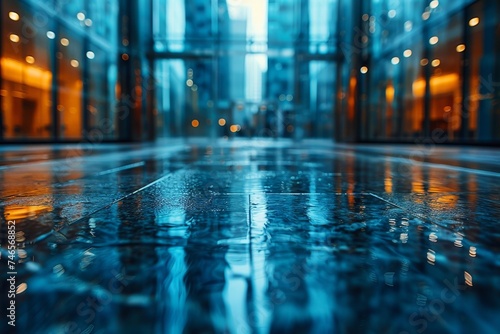 Blue tones dominate this image showcasing a sleek, reflective floor inside a contemporary glass building