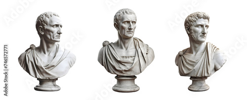 Busts of Roman patricians on a transparent background. Marble sculpture of ancient generals and senators. 