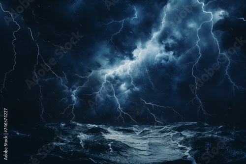 A nocturnal ocean scene fiercely illuminated by an intense web of lightning bolts, showcasing the dramatic beauty of a thunderstorm at sea..