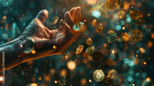 A close-up of hands juggling 3D crypto coins amidst digital chaos, a metaphor for navigating market volatility