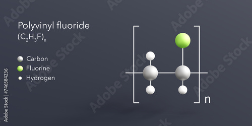 polyvinyl fluoride molecule 3d rendering, flat molecular structure with chemical formula and atoms color coding