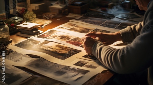 Editor arranges vintage photo collage on drafting table nostalgic soft lighting