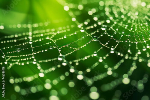 Cobweb. Spider web with drops of water after rain in forest, on fresh green background. Glowing beads of water, illusion of pearls strung on silk thread. Cleanliness and freshness morning. Close-up.