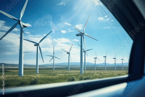 Look through the car window of a windmill sitting on a grassy field under a beautiful cloudless blue sky.